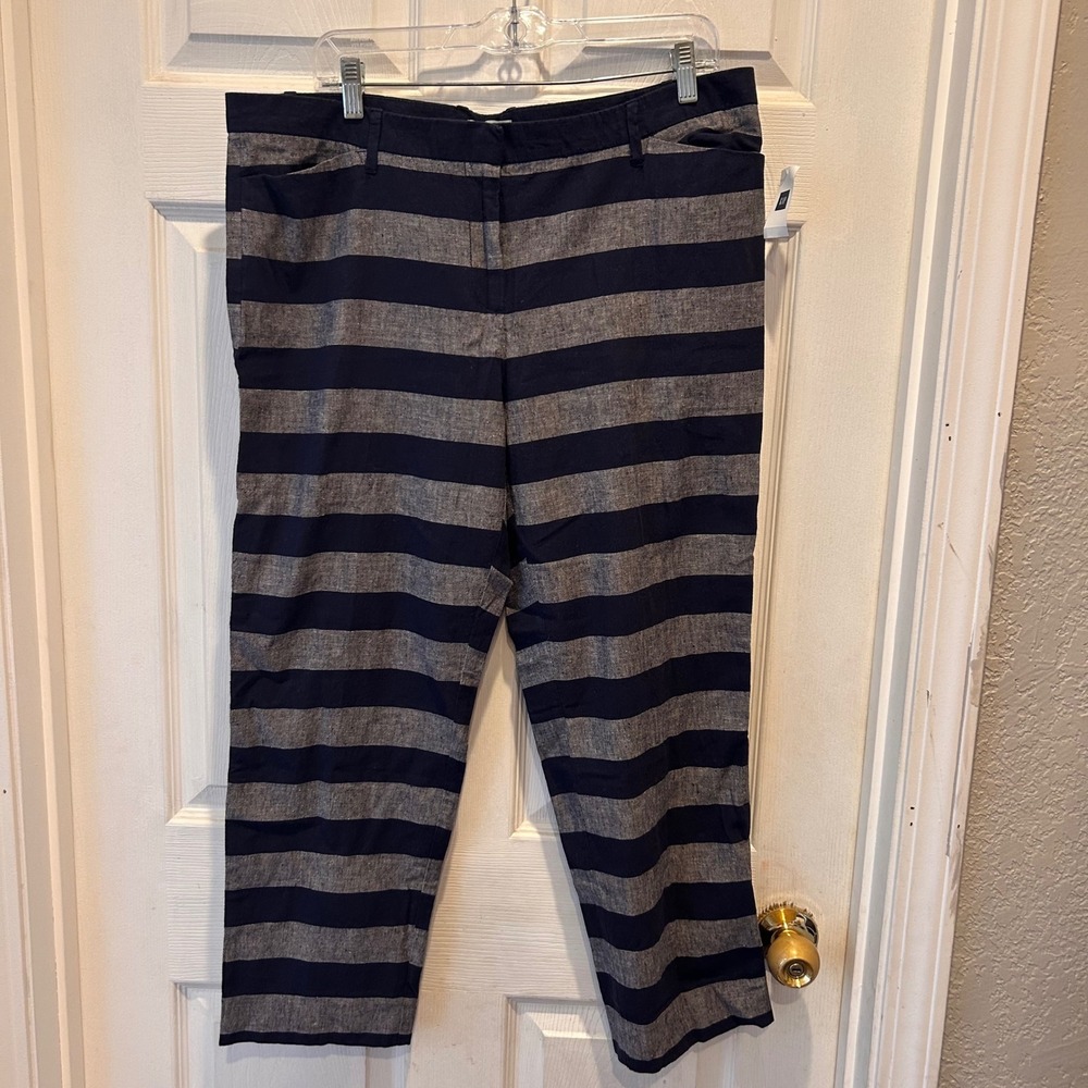 NWT GAP Slim Cropped‎ Pants Navy Gray Stripe Linen Blend Women Size 14 Preppy